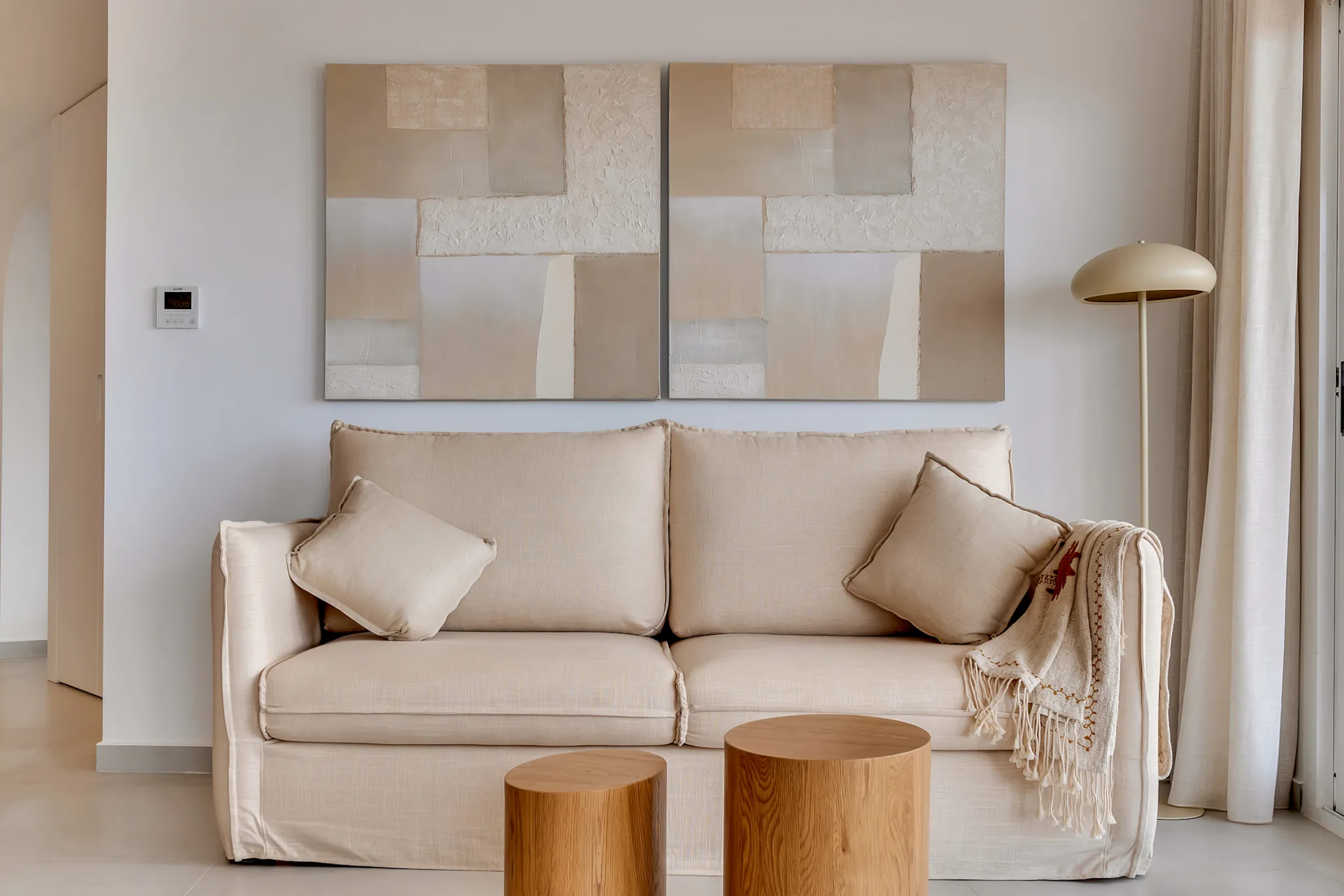 La Brisa living room — linen sofa and natural light